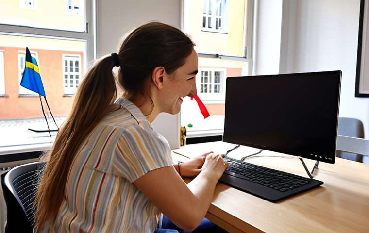 **Prompt:** A busy, yet organized, international coordinator working at a bright, modern desk in a Stockholm office. She's smiling warmly while video conferencing with a student on a laptop showing a sunny campus scene in Uppsala. On her desk are two screens, one displaying Asana and the other Microsoft Teams. Include Swedish flags subtly in the background. Focus on her calm demeanor and the positive connection with the student. Style: Realistic, professional photography.