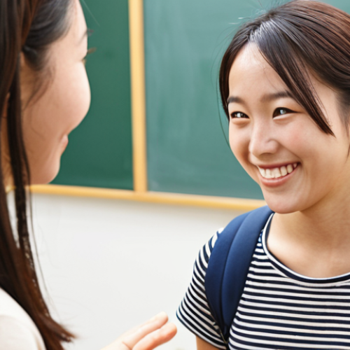 Home 6 **
A warm, supportive international study coordinator smiling at a student who is now a confident, global citizen after returning from a study abroad program in Japan. Focus on the transformation and positive impact.
**
